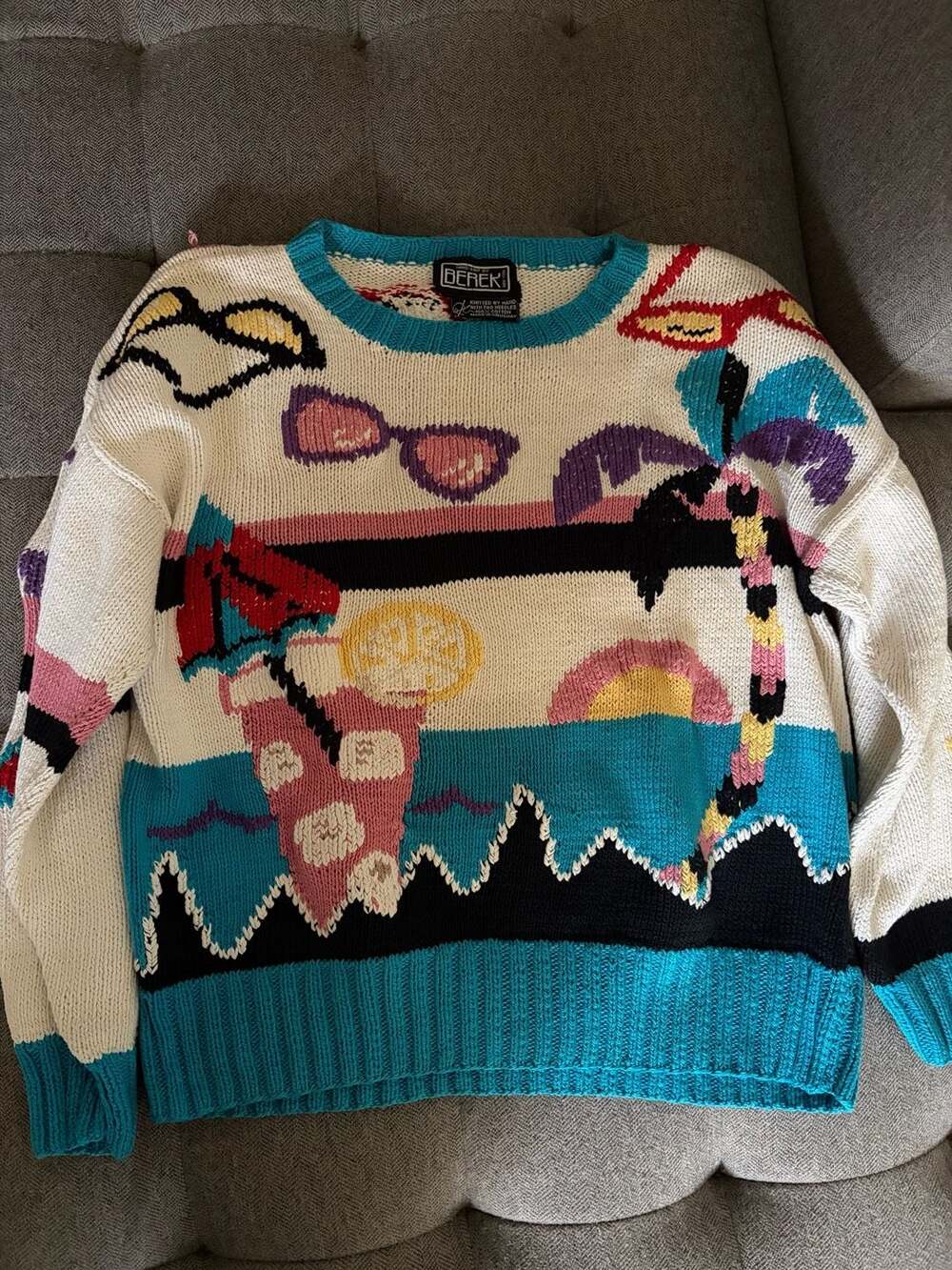 Vintage Berek Hand Knit 100% Cotton Tropical Beach Scene Sweater